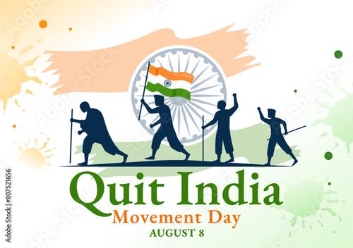 Quit India Movement Day Vector Illustration on 8 August with Indian Flag and People Silhouette in Flat Cartoon Background Design