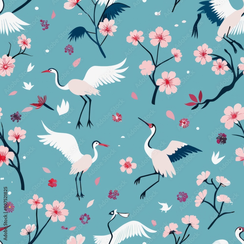 Seamless pattern of delicate cherry blossom branches and fluttering butterflies, capturing the ephemeral beauty of spring, Generative AI