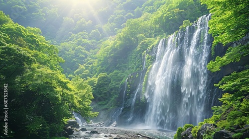 thunderous waterfall views of a lush green forest with a large gray rock in the foreground and a bright sun shining in the distance