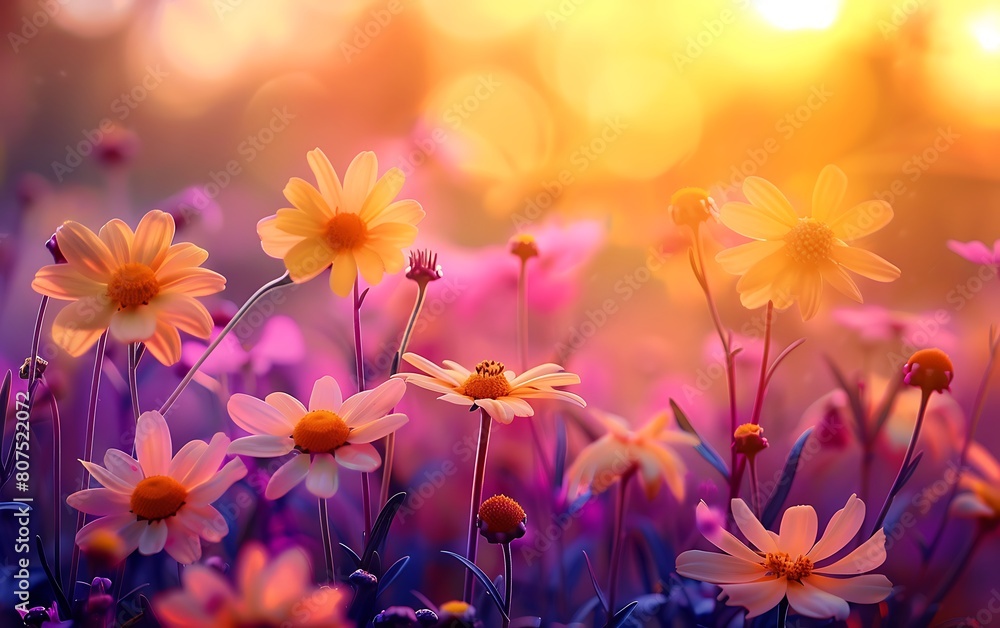 A vibrant pink sunset over a field of yellow daisies A vibrant pink sunset over a field of yellow daisies