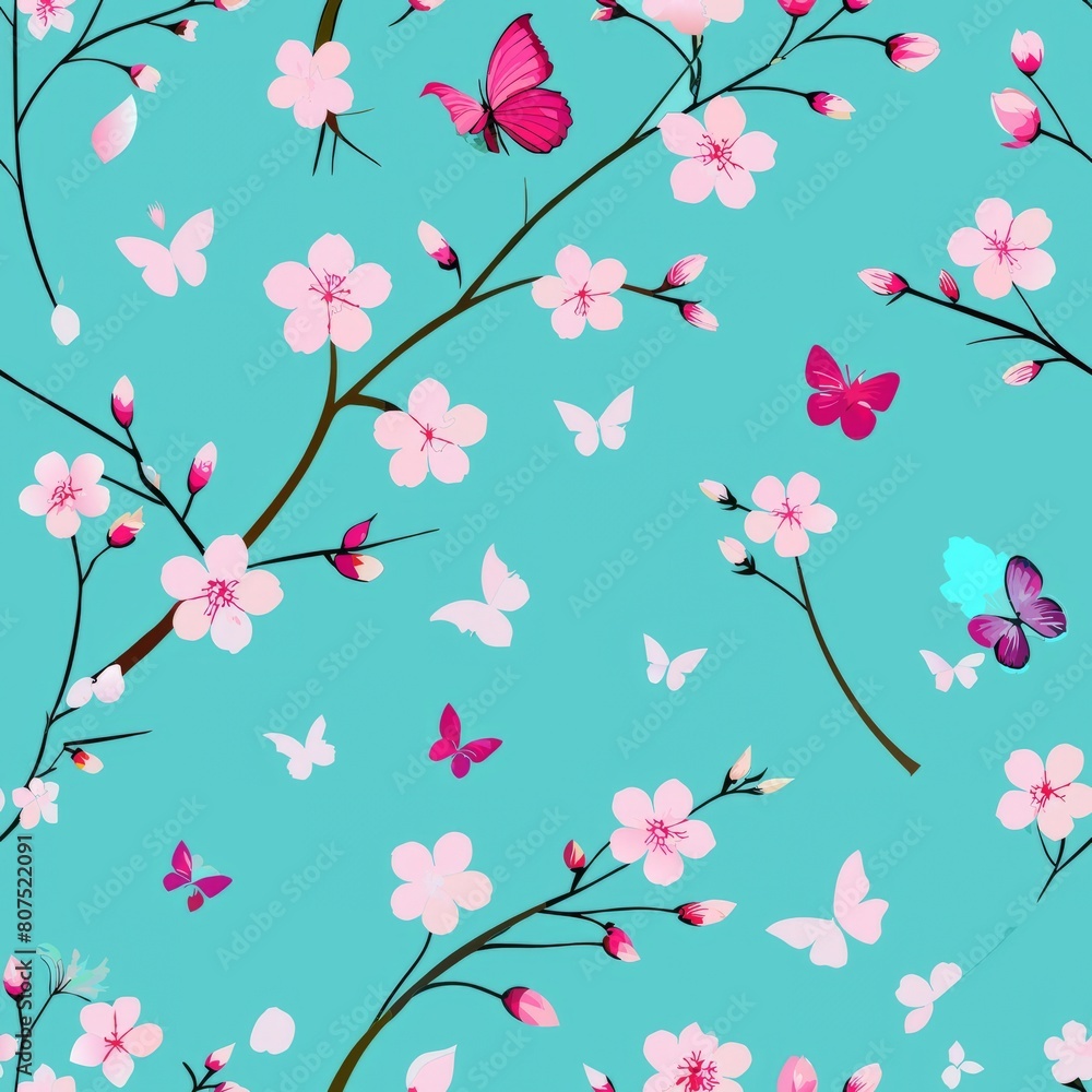 Seamless pattern of delicate cherry blossoms and graceful cranes, evoking the tranquility of a Japanese garden, Generative AI