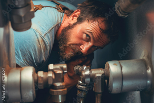 Knowledgeable plumber addressing plumbing issues. Professional plumber man working. photo