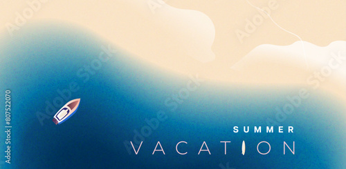 Summer poster, banner, holiday cover, card. Trendy summer design with with landscape, beach, surf, sea waves, yacht and typography. Summer holidays, vacation, travel vector illustration.