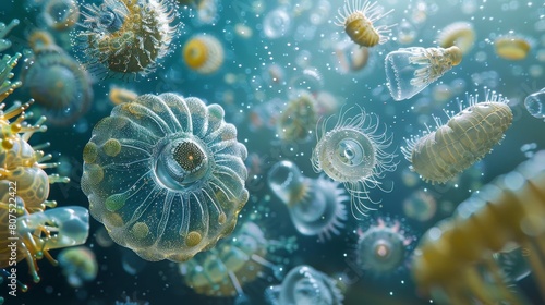A beautiful microscopic world of plankton in the ocean. photo
