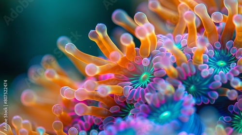 An artistic close-up of coral polyps at a microscopic level showing their symbiotic algae in bright, contrasting colors photo