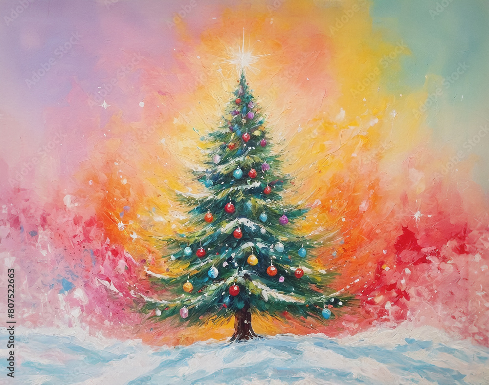 Christmas tree. Watercolor painting of a christmas tree, new year decorated tree on colorful background, illustration, drawing, watercolor. Cover for a postcard, invitation, social media story
