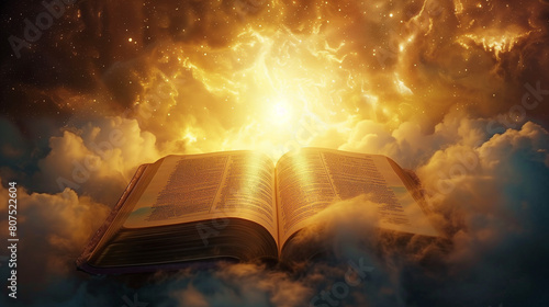 Open old book, light from the sky, heaven. Education, religion concept. Open old book, light from the sky, heaven. Fantasy, imagination, education, religion concept