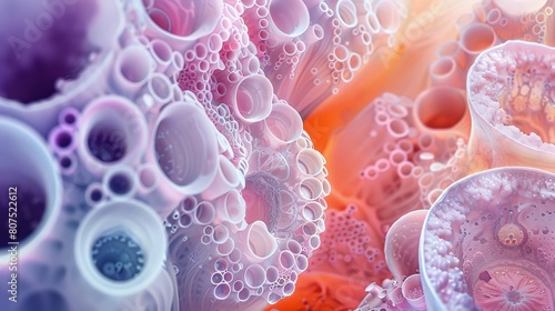 Abstract microscopic view of cell-like structures in a vibrant blend of pink and blue hues.