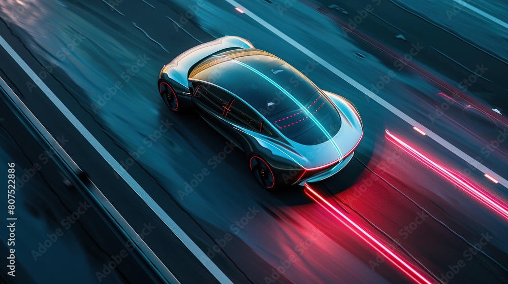 Autonomous smart car will scan the road for hazards. IOT concept in autonomous self-driving mode with graphic sensors and radar signals. Top view of the futuristic smart car. Autonomous smart car will scan the road for hazards. IOT concept in autonomous self-driving mode with graphic sensors and radar signals. Top view of the futuristic smart car.