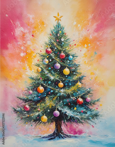 Christmas tree. Watercolor painting of a christmas tree, new year decorated tree on colorful background, illustration, drawing, watercolor. Cover for a postcard, invitation, social media story