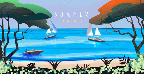 Summer poster, banner, holiday cover, card. Trendy summer design with watercolor sea, landscape, palm, beach, yachts and typography. Summer holidays, vacation, travel vector illustration. 