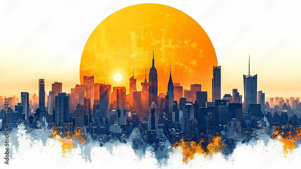 urban sunset silhouettes of towering skyscrapers against a clear blue sky