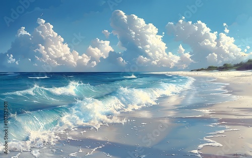 A serene white beach with blue waves crashing gently