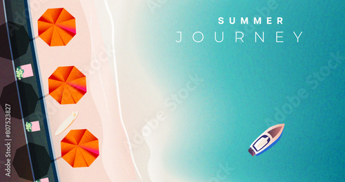 Summer poster, banner, holiday cover, card. Modern summer design with landscape, beach, sand, surf, sea waves, yacht and typography. Summer holidays, vacation, travel vector illustration. 
