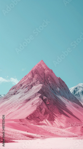 This minimalist artwork depicts a serene desert landscape featuring a distinctive pink mountain against a clear blue sky. The mountain stands boldly against the horizon,its smooth contours contrasting