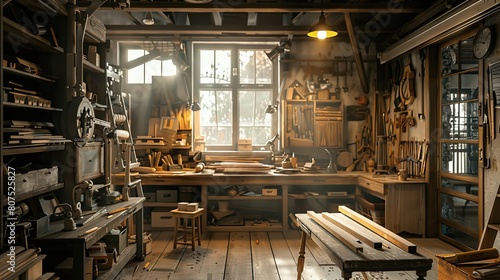 The carpenter workshop was filled with creative woodcraft equipment. copy space for text. photo