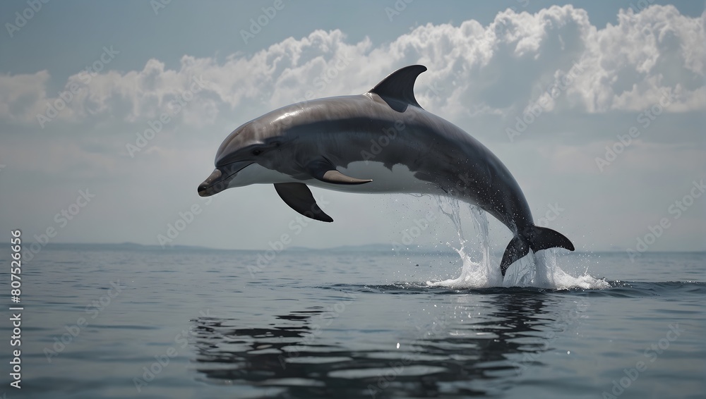 Obraz premium A solitary dolphin dances gracefully against a backdrop of solid white serenity ai_generated