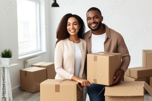 A young African American couple moves into a new home. Moving. They rejoice and plan to unpack their things together after delivery.