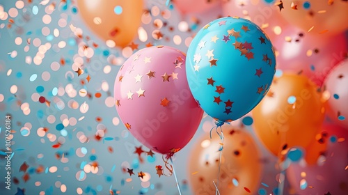 Vibrant celebration balloons with starry details amid colorful confetti, depicting a festive and joyful atmosphere.