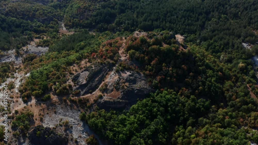 Harman Kaya, Ancient Thracian Rock Sanctuary With Autumn Vegetations In Rhodope Mountain, Bulgaria. Aerial Shot Harman Kaya, Ancient Thracian Rock Sanctuary With Autumn Vegetations In Rhodope Mountain, Bulgaria. Aerial Shot
