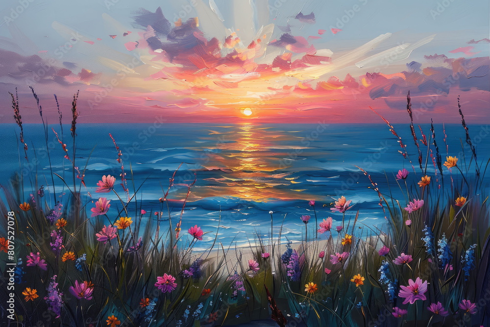  A beautiful beach sunset with colorful clouds, waves crashing on the shore and wildflowers growing along its edge. Created with Ai