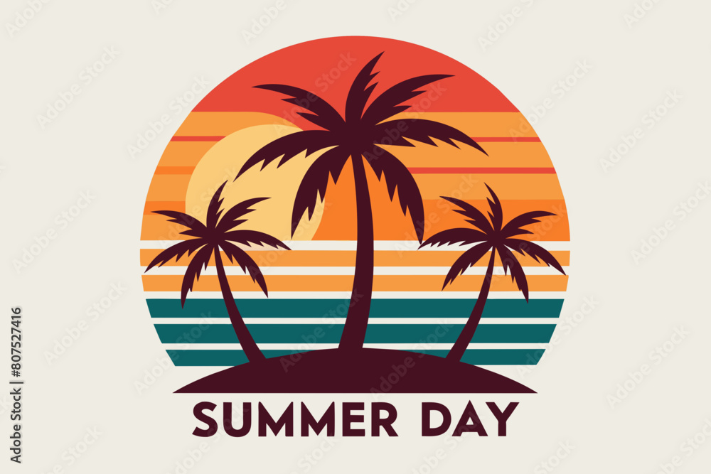 Summer day T-Shirt Design, Beach with palms tree and Summer sunset Vector illustration on white background, silhouette, bird, icon, svg, characters, Holiday t shirt, Hand drawn trendy Vector illustrat