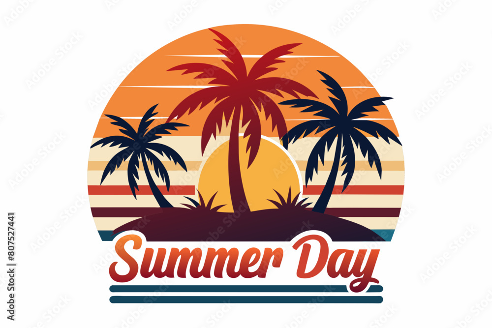 Obraz premium Summer day T-Shirt Design, Beach with palms tree and Summer sunset Vector illustration on white background, silhouette, bird, icon, svg, characters, Holiday t shirt, Hand drawn trendy Vector illustrat