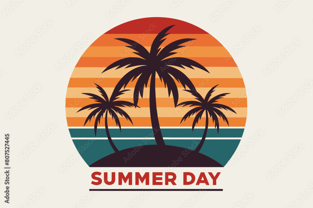 Summer day T-Shirt Design, Beach with palms tree and Summer sunset Vector illustration on white background, silhouette, bird, icon, svg, characters, Holiday t shirt, Hand drawn trendy Vector illustrat Summer day T-Shirt Design, Beach with palms tree and Summer sunset Vector illustration on white background, silhouette, bird, icon, svg, characters, Holiday t shirt, Hand drawn trendy Vector illustrat