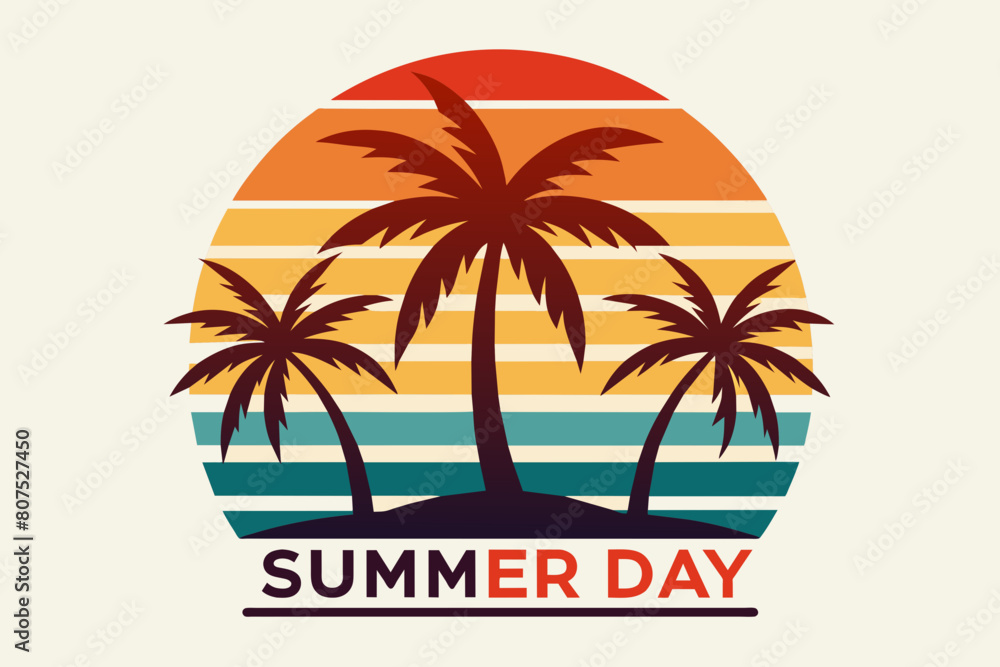 Summer day T-Shirt Design, Beach with palms tree and Summer sunset Vector illustration on white background, silhouette, bird, icon, svg, characters, Holiday t shirt, Hand drawn trendy Vector illustrat