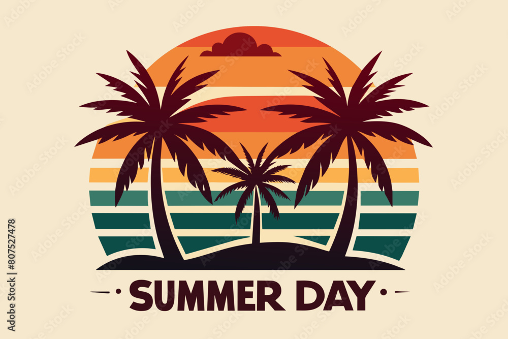 Summer day T-Shirt Design, Beach with palms tree and Summer sunset Vector illustration on white background, silhouette, bird, icon, svg, characters, Holiday t shirt, Hand drawn trendy Vector illustrat