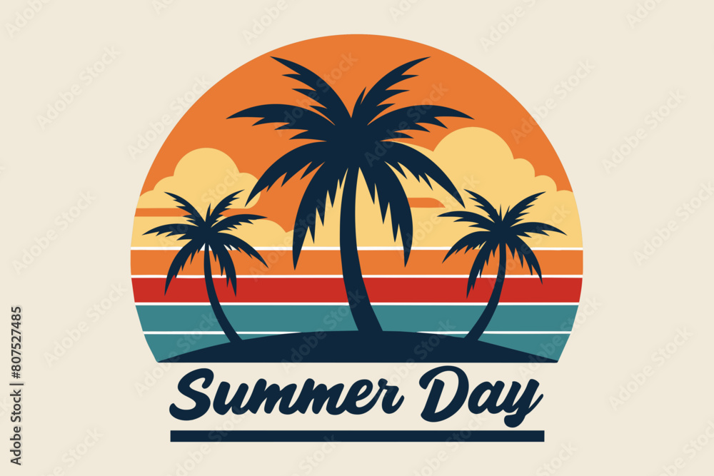 Summer day T-Shirt Design, Beach with palms tree and Summer sunset Vector illustration on white background, silhouette, bird, icon, svg, characters, Holiday t shirt, Hand drawn trendy Vector illustrat