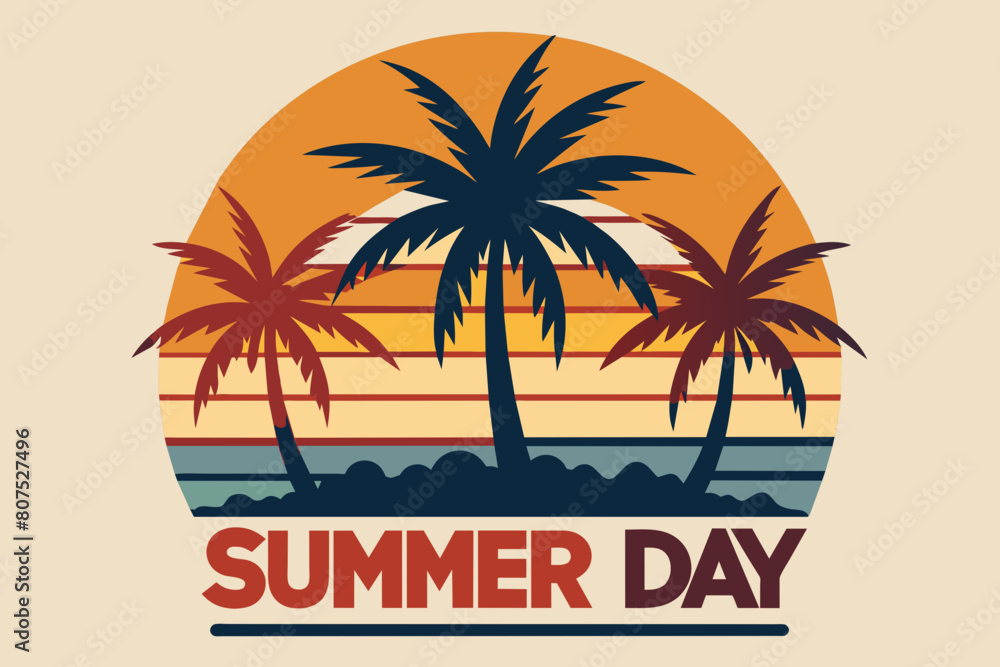 Summer day T-Shirt Design, Beach with palms tree and Summer sunset Vector illustration on white background, silhouette, bird, icon, svg, characters, Holiday t shirt, Hand drawn trendy Vector illustrat