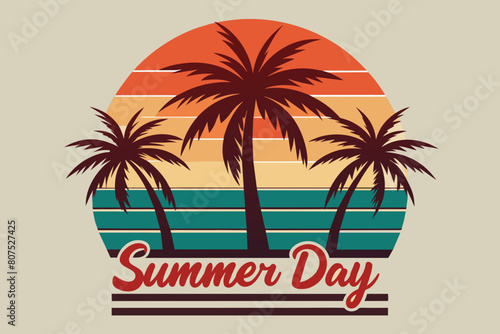 Summer day T-Shirt Design, Beach with palms tree and Summer sunset Vector illustration on white background, silhouette, bird, icon, svg, characters, Holiday t shirt, Hand drawn trendy Vector illustrat