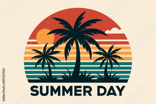 Summer day T-Shirt Design, Beach with palms tree and Summer sunset Vector illustration on white background, silhouette, bird, icon, svg, characters, Holiday t shirt, Hand drawn trendy Vector illustrat