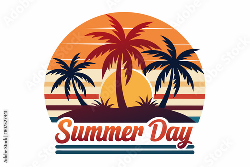 Summer day T-Shirt Design, Beach with palms tree and Summer sunset Vector illustration on white background, silhouette, bird, icon, svg, characters, Holiday t shirt, Hand drawn trendy Vector illustrat