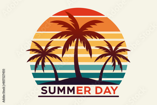 Summer day T-Shirt Design, Beach with palms tree and Summer sunset Vector illustration on white background, silhouette, bird, icon, svg, characters, Holiday t shirt, Hand drawn trendy Vector illustrat