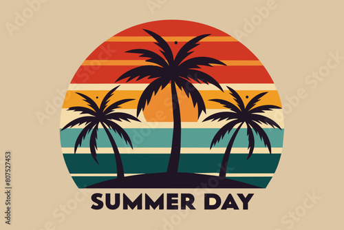 Summer day T-Shirt Design, Beach with palms tree and Summer sunset Vector illustration on white background, silhouette, bird, icon, svg, characters, Holiday t shirt, Hand drawn trendy Vector illustrat