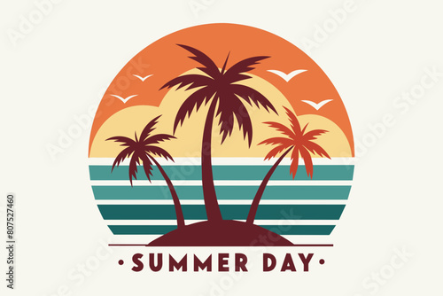 Summer day T-Shirt Design, Beach with palms tree and Summer sunset Vector illustration on white background, silhouette, bird, icon, svg, characters, Holiday t shirt, Hand drawn trendy Vector illustrat