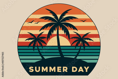 Summer day T-Shirt Design, Beach with palms tree and Summer sunset Vector illustration on white background, silhouette, bird, icon, svg, characters, Holiday t shirt, Hand drawn trendy Vector illustrat