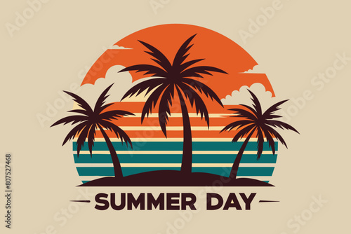 Summer day T-Shirt Design, Beach with palms tree and Summer sunset Vector illustration on white background, silhouette, bird, icon, svg, characters, Holiday t shirt, Hand drawn trendy Vector illustrat
