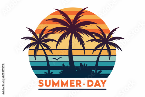 Summer day T-Shirt Design, Beach with palms tree and Summer sunset Vector illustration on white background, silhouette, bird, icon, svg, characters, Holiday t shirt, Hand drawn trendy Vector illustrat
