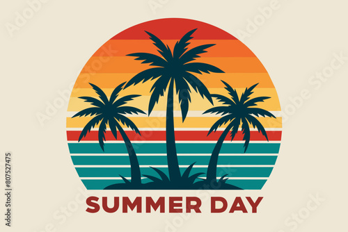 Summer day T-Shirt Design, Beach with palms tree and Summer sunset Vector illustration on white background, silhouette, bird, icon, svg, characters, Holiday t shirt, Hand drawn trendy Vector illustrat