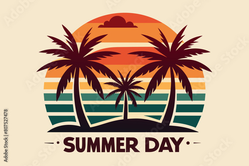 Summer day T-Shirt Design, Beach with palms tree and Summer sunset Vector illustration on white background, silhouette, bird, icon, svg, characters, Holiday t shirt, Hand drawn trendy Vector illustrat