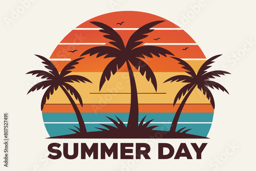 Summer day T-Shirt Design, Beach with palms tree and Summer sunset Vector illustration on white background, silhouette, bird, icon, svg, characters, Holiday t shirt, Hand drawn trendy Vector illustrat © SK kobita