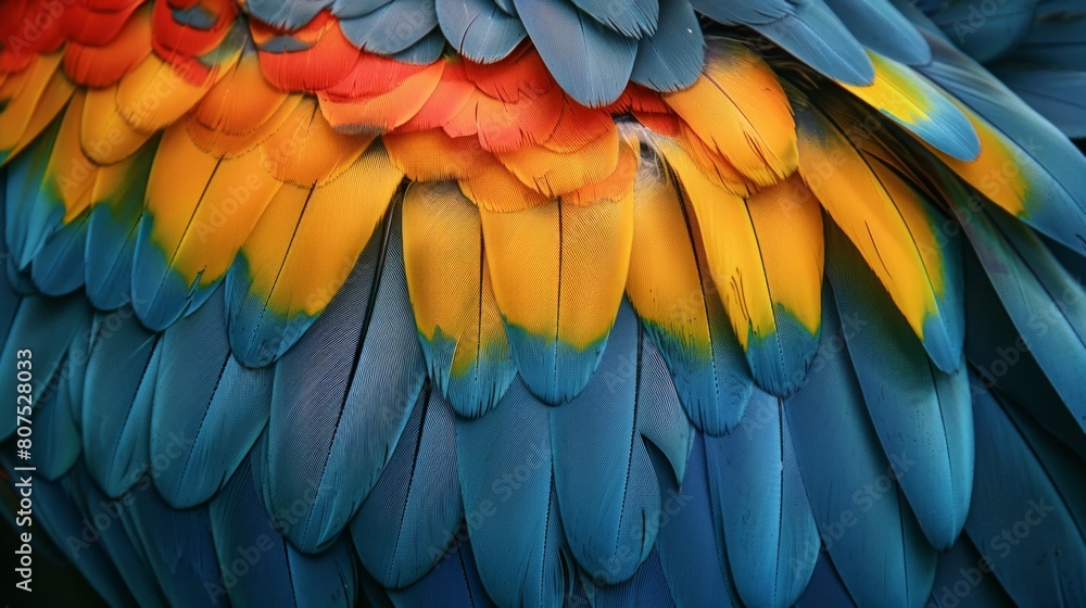 Obraz premium A detailed exploration of the feathers of a Blue and Yellow Macaw, AI Generative
