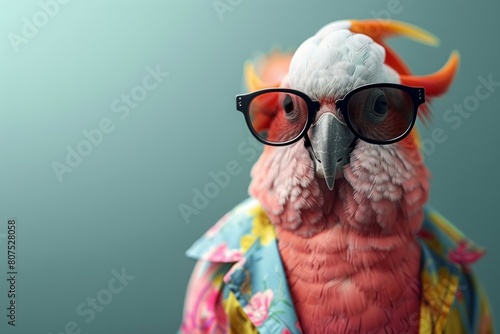 A Galah styled in funky fashion with a colorful jacket, casual shirt, and dark shades, against a soft pastel background, creating a cool, AI Generative photo