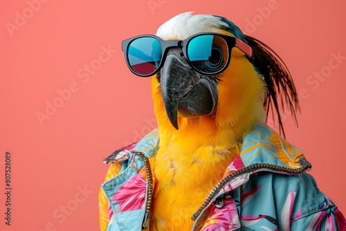 A Jabiru styled in funky fashion with a colorful jacket, casual shirt, and dark shades, against a soft pastel background, AI Generative