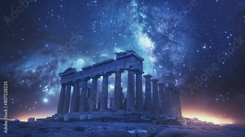 Ancient Parthenon stands majestic under a starlit sky, timeless beauty against the cosmos, serene and awe-inspiring, AI Generative photo