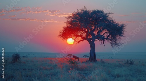 Stunning sunrise over the plains of Serengeti National Park, Tanzania, natural beauty, AI Generative