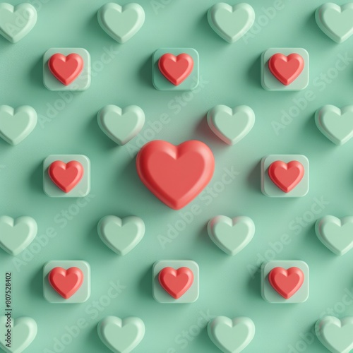 Create a 3D rendering of a standout red social media love heart notification icon among a sea of unnoticed icons, set against a calming light green pastel wall., AI Generative photo